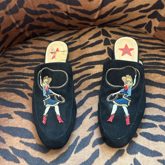 Anna Sui Shoes - Anna Sui + INC Black Embroidered Cowgirl Slides